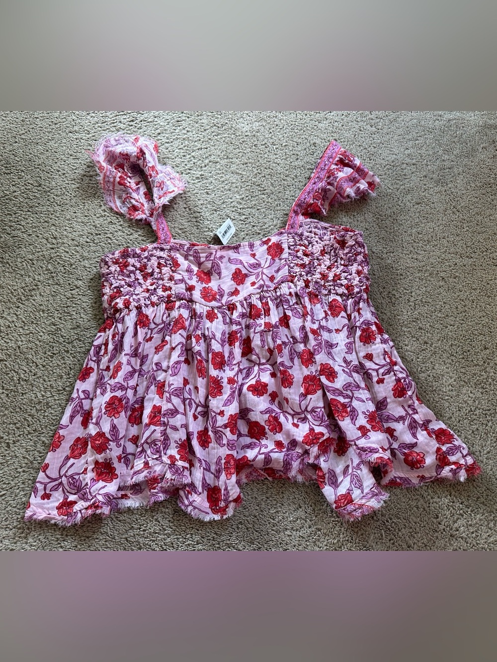 Free People Floral Smocked Pink Tank Top with Ruffle Straps. - Picture 2 of 4